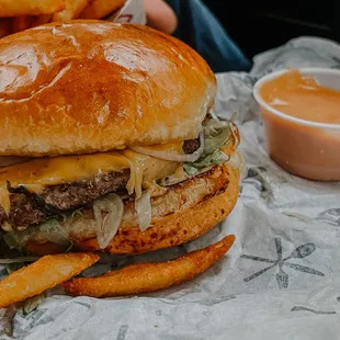 Picture of the Darn Good Burger and some fries from J.T.&apos;s Genuine Sandwich Shop.