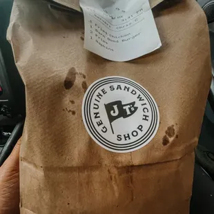 Picture of the bag from J.T.&apos;s Genuine Sandwich Shop.