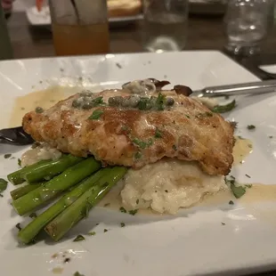 Chicken Piccata with asparagus over risotto