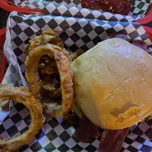 a burger and onion rings