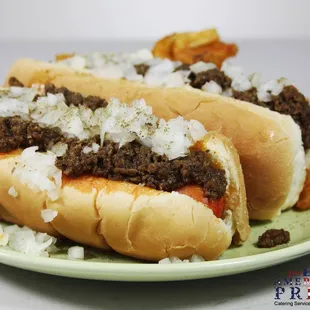 two chili dogs on a plate