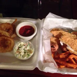 The best catfish platter around, with sweet potato fries, coleslaw, hush puppies, and a side of onion rings.  SO DELICIOUS!!!