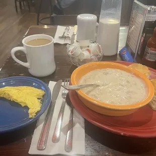 Sausage, gravy and biscuits and some scrambled eggs and coffee.