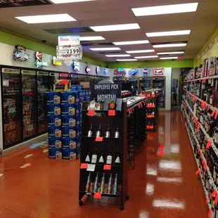 the aisle of a liquor store