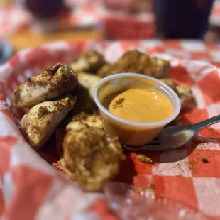 Naked boneless, Cajun seasoning, Greg's sauce on the side. "Liam's Gym Teacher Special"