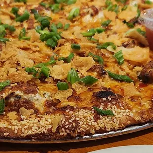 Crab Rangoon Pizza!  Look At That Sesame Seed Crust.  Great Flavors!