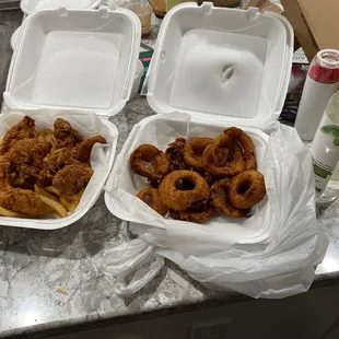 Old burnt onion rings. Overcooked dry chicken tenders. Good fries‍