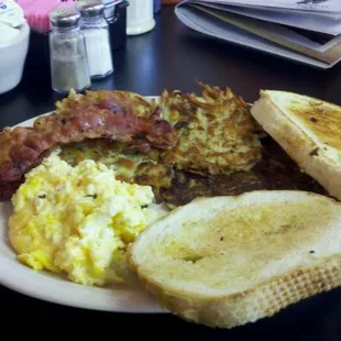 Potato Pancakes with Cheesy Scrambled Eggs, Bacon and Toast