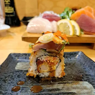 Hot Mama Roll in front, Small Sashimi Mix in back