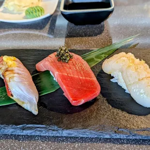 Nigiri: Golden Eye Snapper, Blue Fin Tuna, Scallop (left to right)