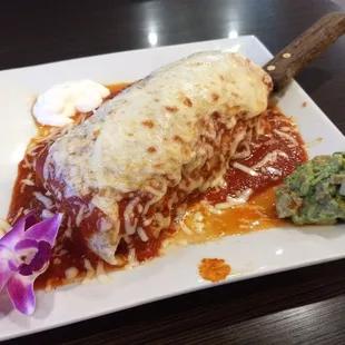 Carne Asada wet burrito, salsa roja.