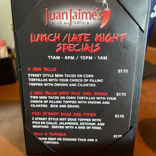 Lunch and late night specials