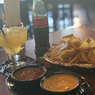 Cadillac marg., Queso/salsa with chips, mexican coke