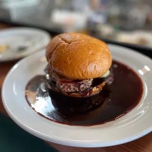 a hamburger on a plate