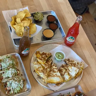 Chicken Tacos locos , arranchera quesadilla , chilli chorizo dog , tamarindo jarrito