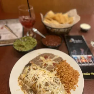 Lunch Special - Mini Wet Burrito (Steak)  Red sangria, guacamole, chips &amp; salsa