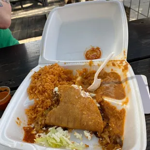 Crunchy taco with rice and beans...delish!