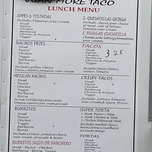 a menu for lunch