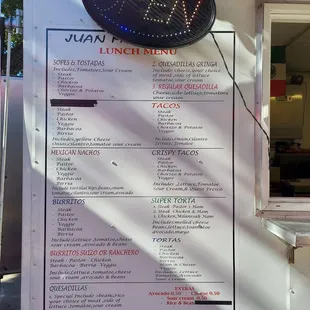 Real Menu. No prices. Around $12-14 per meal. Tacos 3.50-4.50@