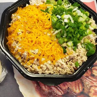 Jaun bowl players of chicken, rice, and beans