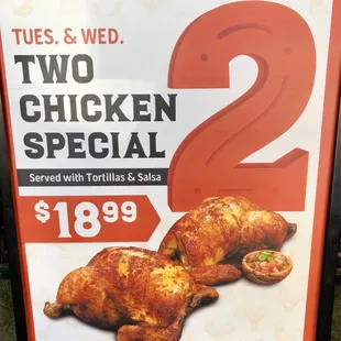 a two chicken special sign