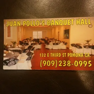 Business card for Juan Pollo's Banquet card