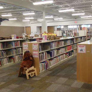 The childrens' book section. You can see the newly added room (circa 2016) in the background behind the glass windows.
