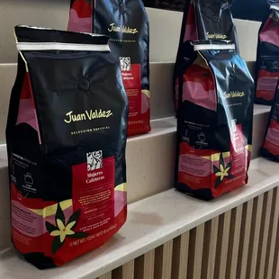 a row of coffee bags