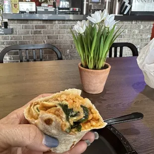 Chili relleno burrito, so soft, with freshly made tortillas and the beans and rice... wow! Cheese and relleno sooooo good!