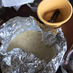 Handmade tortillas and grilled chiles de arbol