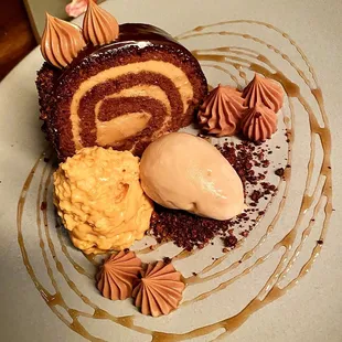 Mocha Roulade with quinoa crumble and espresso chantilly