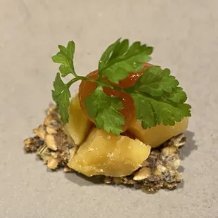 Amuse bouche from the chef as a starter. Pretty, no? Yes! Tasty! Don't be fooled by the close up. It's about the size of a quarter.