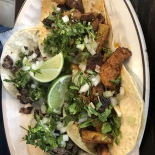 El pastor and steak tacos