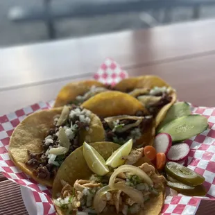 Try our delicious authentic tacos! Carnes de:  pollo, asada, chorizo, al pastor, carnitas, camarón, y lengua.