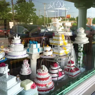 Cakes in the window display.