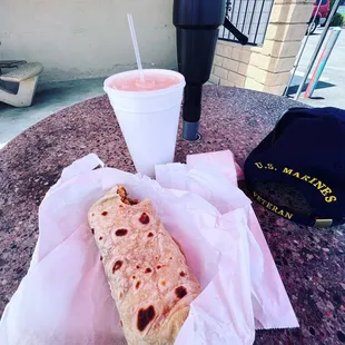 Asada &amp; Rice Burrito- orange whip drink.