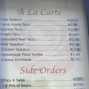 Tacos portion of the menu. Tacos $2.95