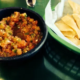 Homemade chips and salsa.
