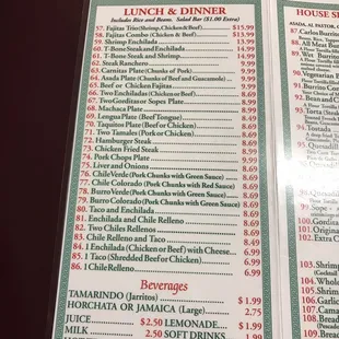 menu for lunch and dinner