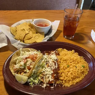 Chicken taco, cheese enchilada &amp; rice