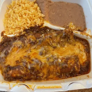 Beef enchiladas with beans and rice
