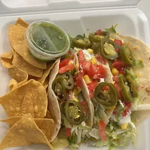 Three Tacos with Chips and Tomatillo Salsa