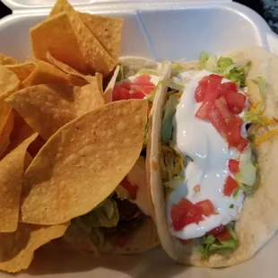 2 soft shell tacos and chips