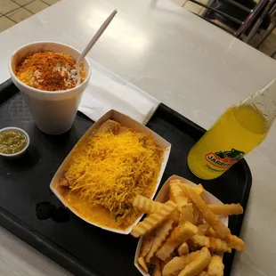 a tray of food and a drink