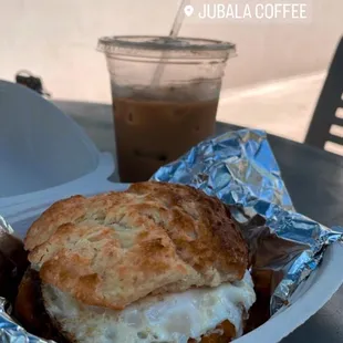 Sausage egg &amp; cheese biscuit, vanilla oat milk latte (draft)