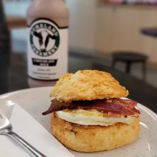 Bacon, Egg and Cheese Biscuit with a chocolate milk by local biz, Homeland Creamery