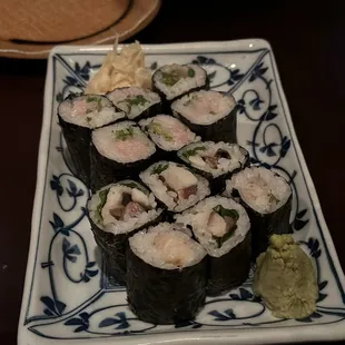 Yellowtail scallion and cured mackerel rolls