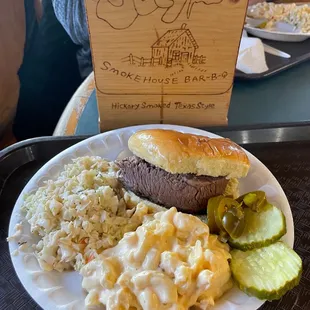 Brisket sandwich, cole slaw, and mac n cheese.