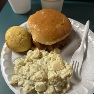 Pulled Pork, potato salad, cornbread.
