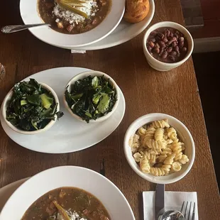 Gumbo, Mini Mac, Sautéed greens, &amp; red beans